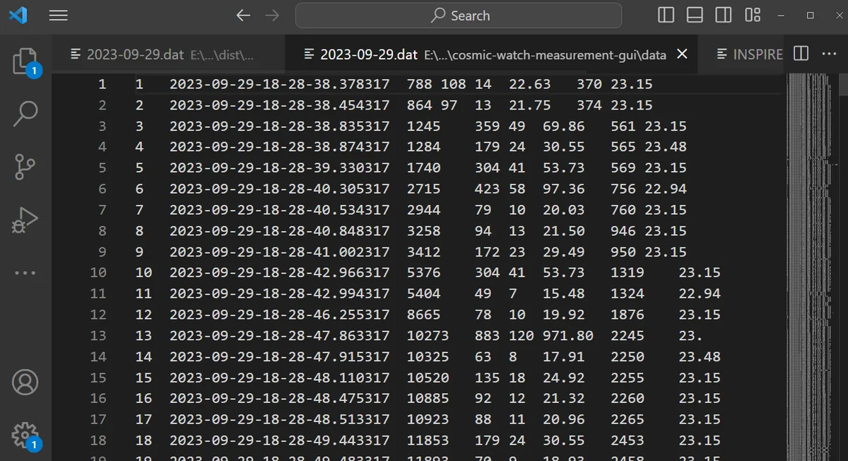 A saved data file opened in a text editor. Numbers such as the date and ADC value line up, one event per line