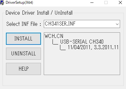 The DriverSetup window, showing the INSTALL, UNINSTALL and HELP buttons and CH341SER.INF