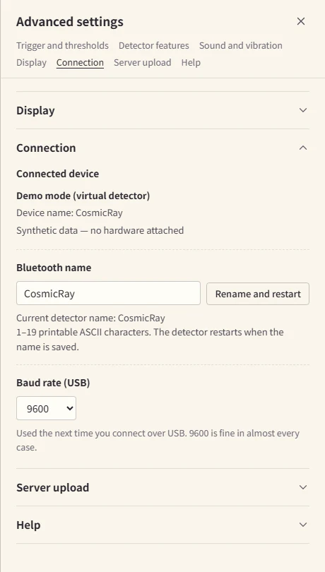 The "Connection" section of Advanced settings. Information about the connected detector, a field for the Bluetooth name, and the USB baud rate choice