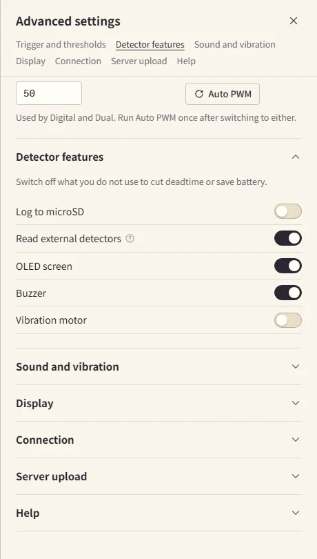 The "Detector features" section of Advanced settings. Switches for Log to microSD, Read external detectors, OLED screen, Buzzer and Vibration motor