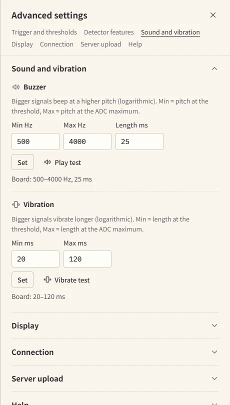 The "Sound and vibration" section of Advanced settings. The buzzer's minimum and maximum frequency and length, the vibration's minimum and maximum length, and a test button for each