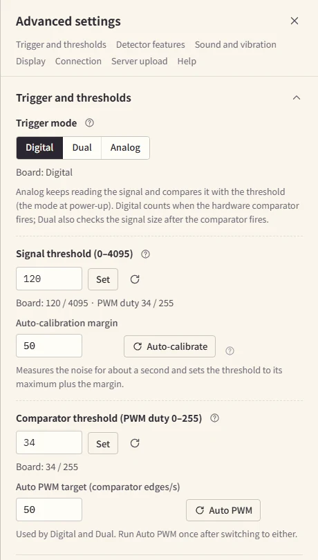 The "Trigger and thresholds" section of Advanced settings. The trigger mode switch, the signal threshold with Auto-calibrate, and the comparator threshold with Auto PWM are stacked vertically