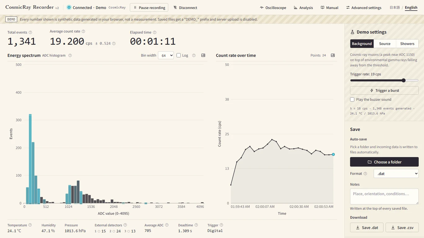 The measuring screen of the app. At the top are the total events, the average count rate and the elapsed time. On the left is the energy spectrum histogram, on the right the count rate over time, and the save settings are in the right-hand panel
