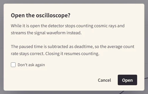 The "Open the oscilloscope?" confirmation. It says that counting stops while it is open, and that the paused time is subtracted as dead time