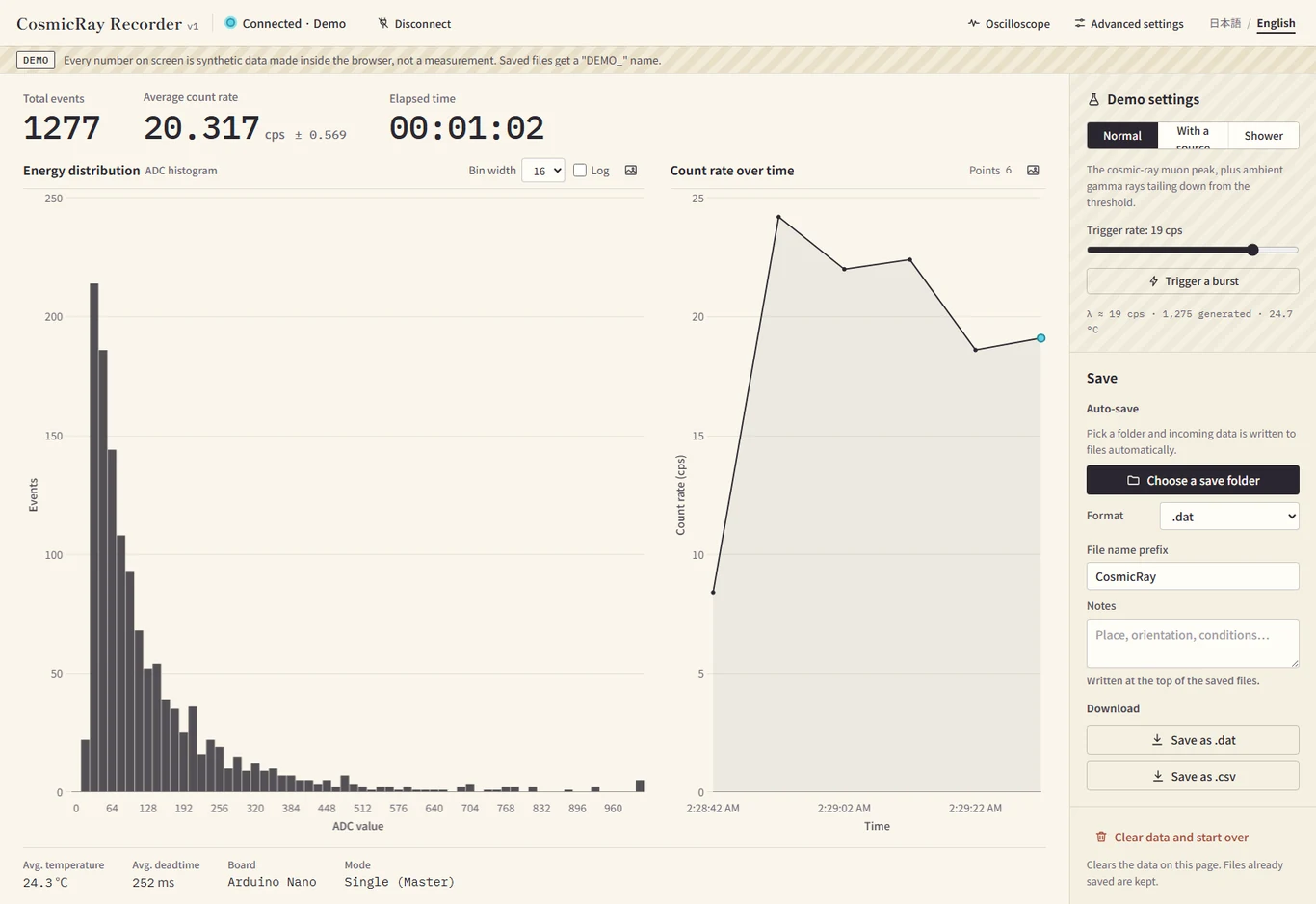 The measuring screen of the measurement app for the v1. At the top are the total events, the average count rate and the elapsed time. On the left is the energy distribution histogram, on the right the count rate over time, and the save settings are in the right-hand panel