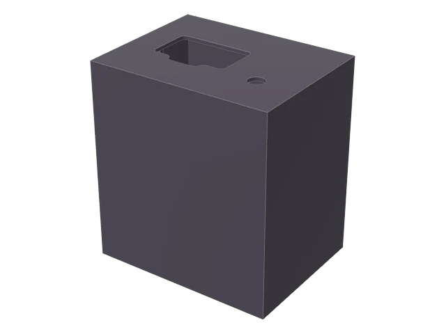 The v1 case: a tall box with a window for the display and a small round hole on the top face