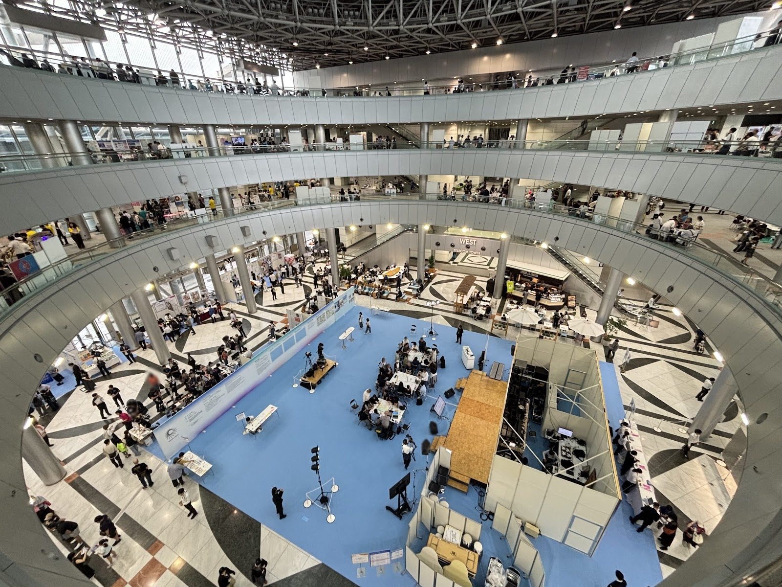 The venue seen from above, looking down into the atrium of the Telecom Center Building