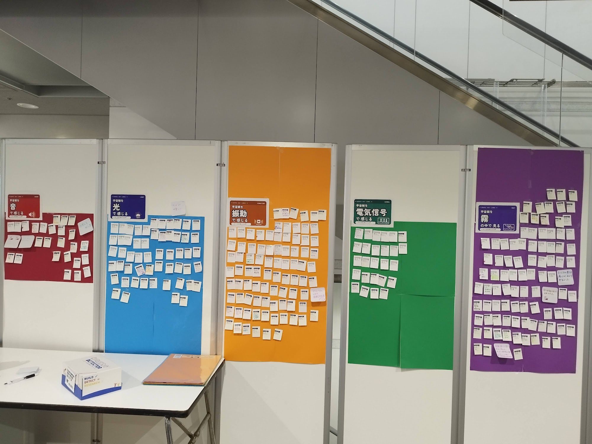 The booth wall, with five coloured boards covered in visitors' ticket stubs