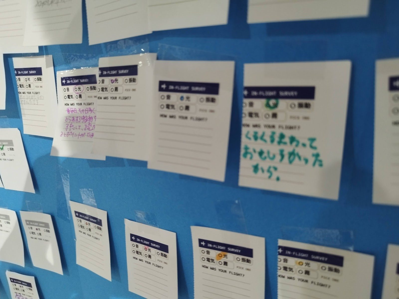 Stubs pinned to the blue light board, with handwritten comments