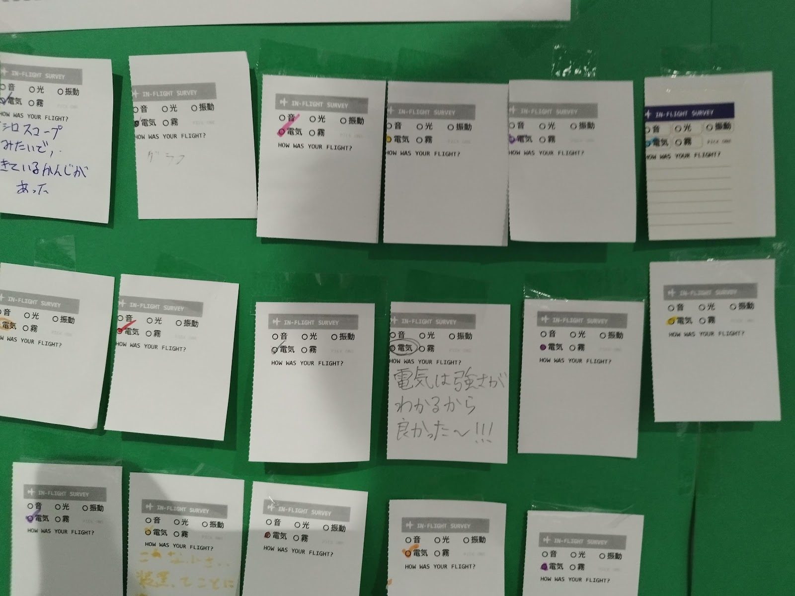 Stubs pinned to the green signal board, with handwritten comments