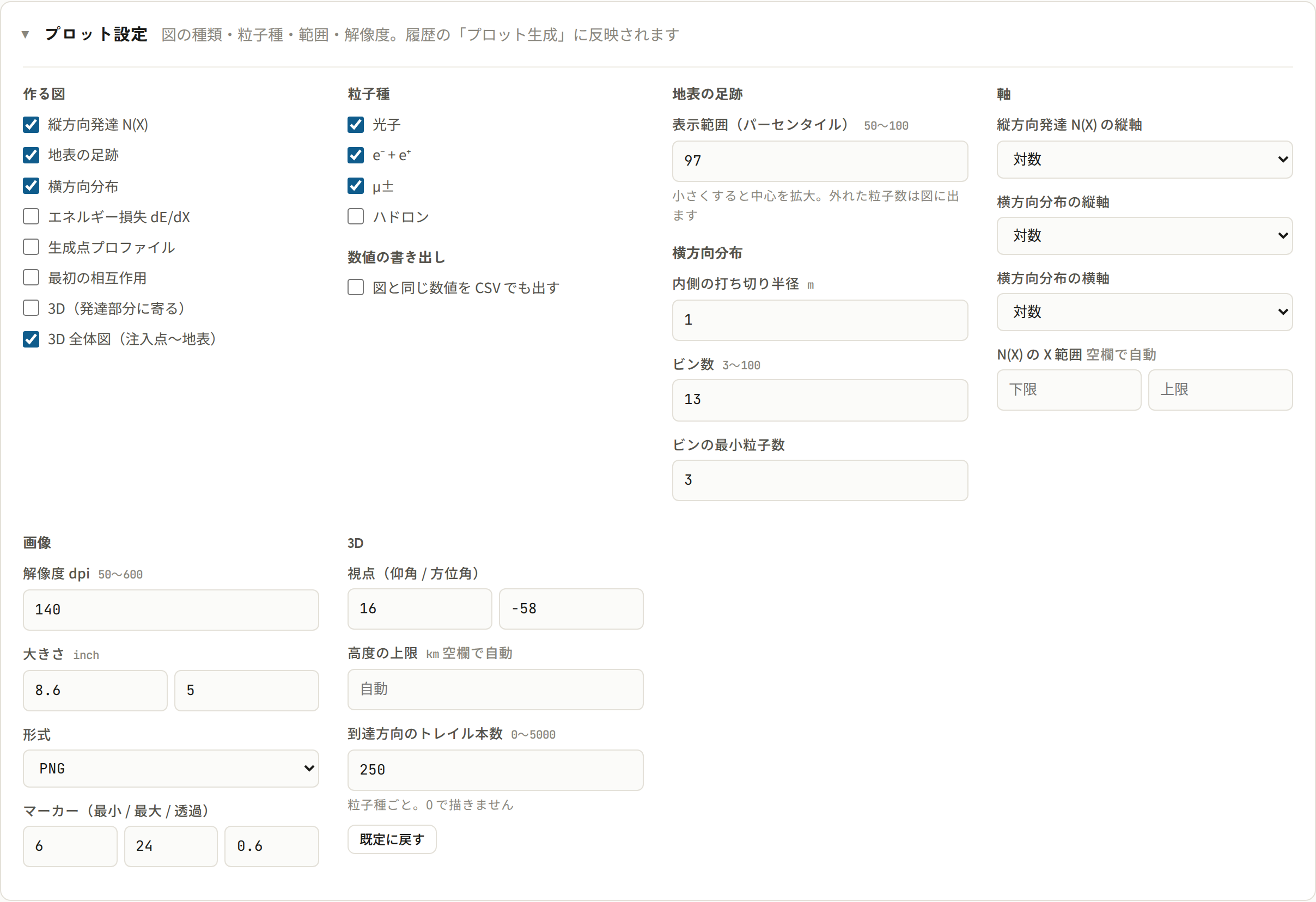 プロット設定のパネル。作る図の種類、粒子種、CSV 書き出し、足跡の表示範囲、横方向分布のビン、軸、画像の解像度と大きさ、3D の視点が並ぶ。