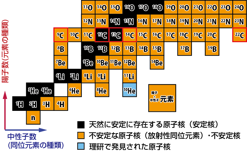 核図表（軽い元素の部分）。横軸が中性子数、縦軸が陽子数。黒＝天然に安定に存在する原子核、橙＝不安定な放射性核、青＝理研で発見された原子核。炭素では ¹²C・¹³C が安定、¹⁴C が放射性。