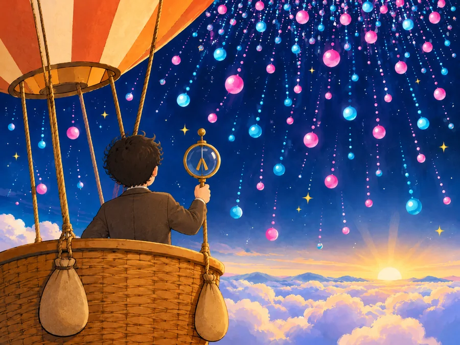 気球のかごから、上から降ってくる粒子を見上げる科学者の後ろ姿のイラスト