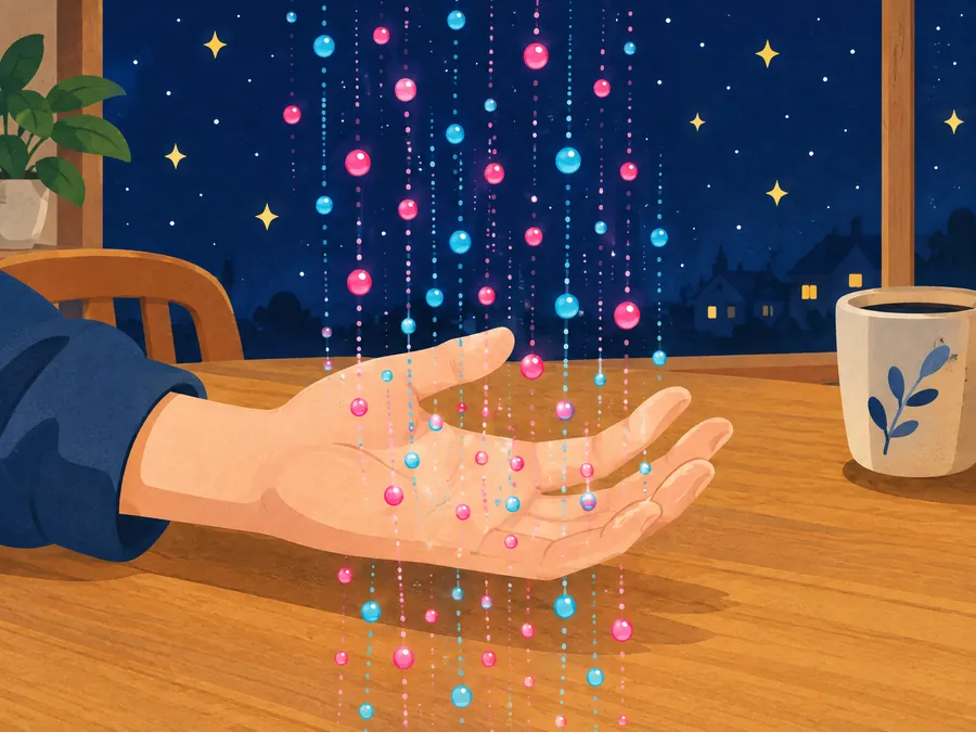 テーブルに置いた手のひらを、粒子がシャワーのように通り抜けるイラスト