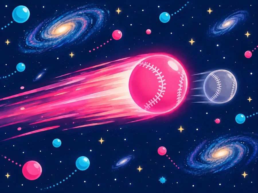 野球のボールのように宇宙を飛ぶ、1個の光る粒子のイラスト