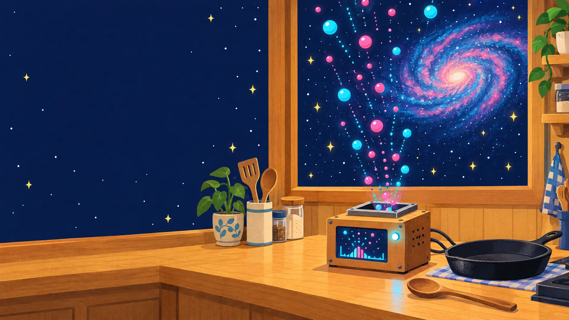 夜のキッチンの窓から宇宙線が降りそそぎ、カウンターの検出器が光っているイラスト