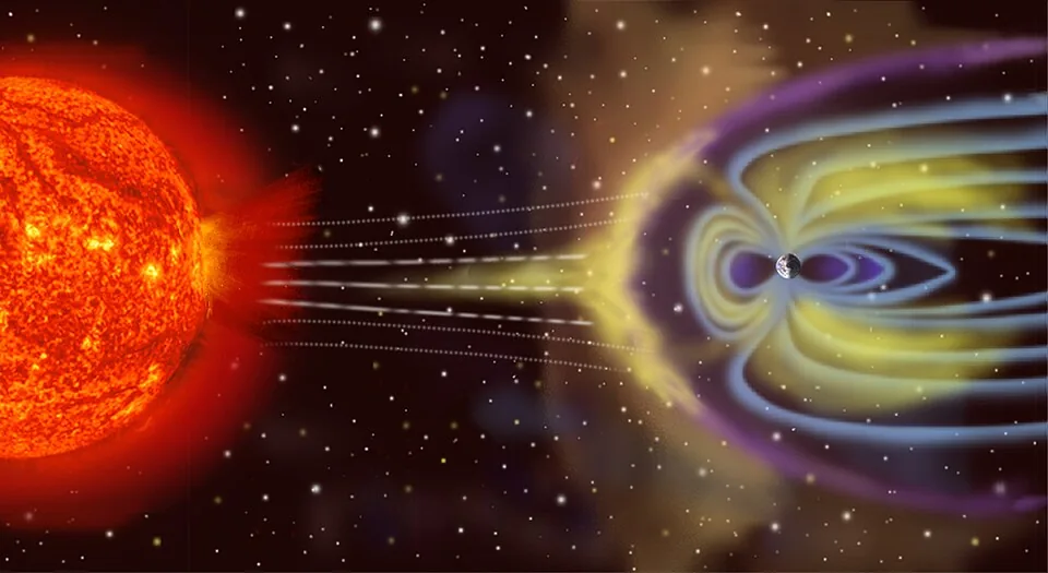 太陽風を受けて変形した地球の磁気圏の想像図。磁力線が地球をとり囲んでいる