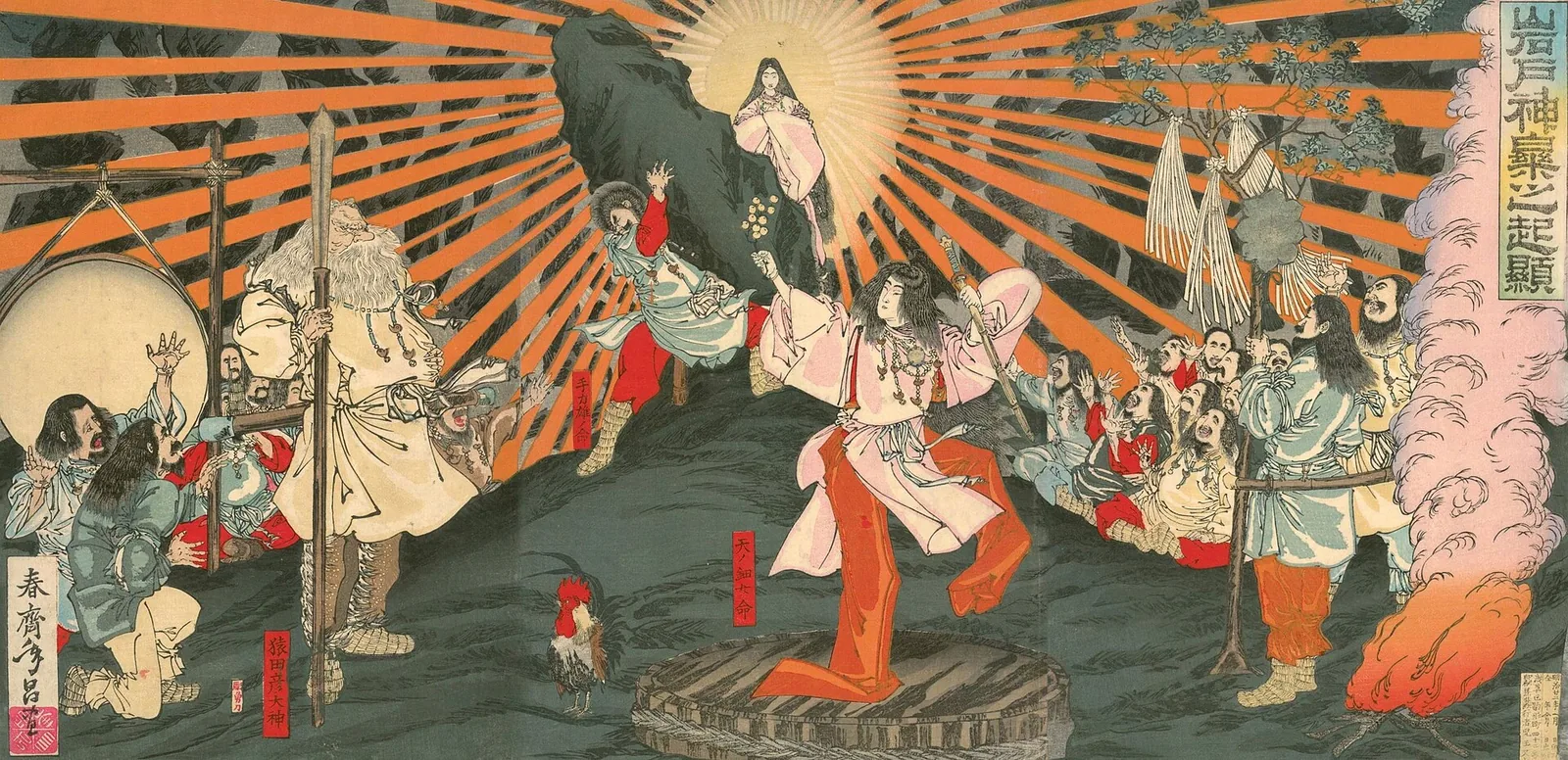 天の岩戸から光とともに現れるアマテラスを描いた浮世絵(春斎年昌、1889年)